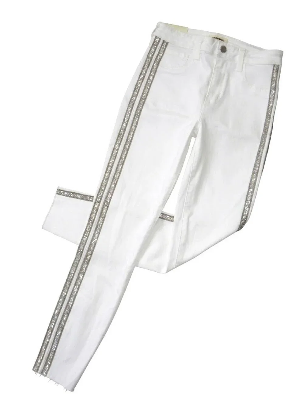 NWT L'Agence Margot in Blanc High-Rise Skinny Crystal Racing Stripe Jeans 26